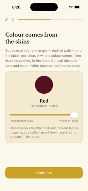 Lesson 'Colour comes from the skins' with a skin-contact slider turning the wine red